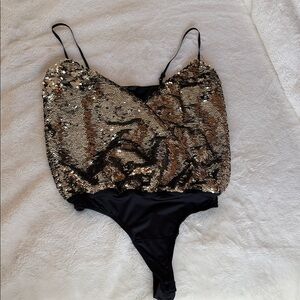 Guess Sequin Bodysuit in Black and Gold